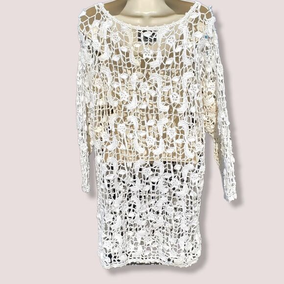 Express Handmade Essentials Off White Cream Crochet Lace Open Knit Tunic Dress - Picture 4 of 7